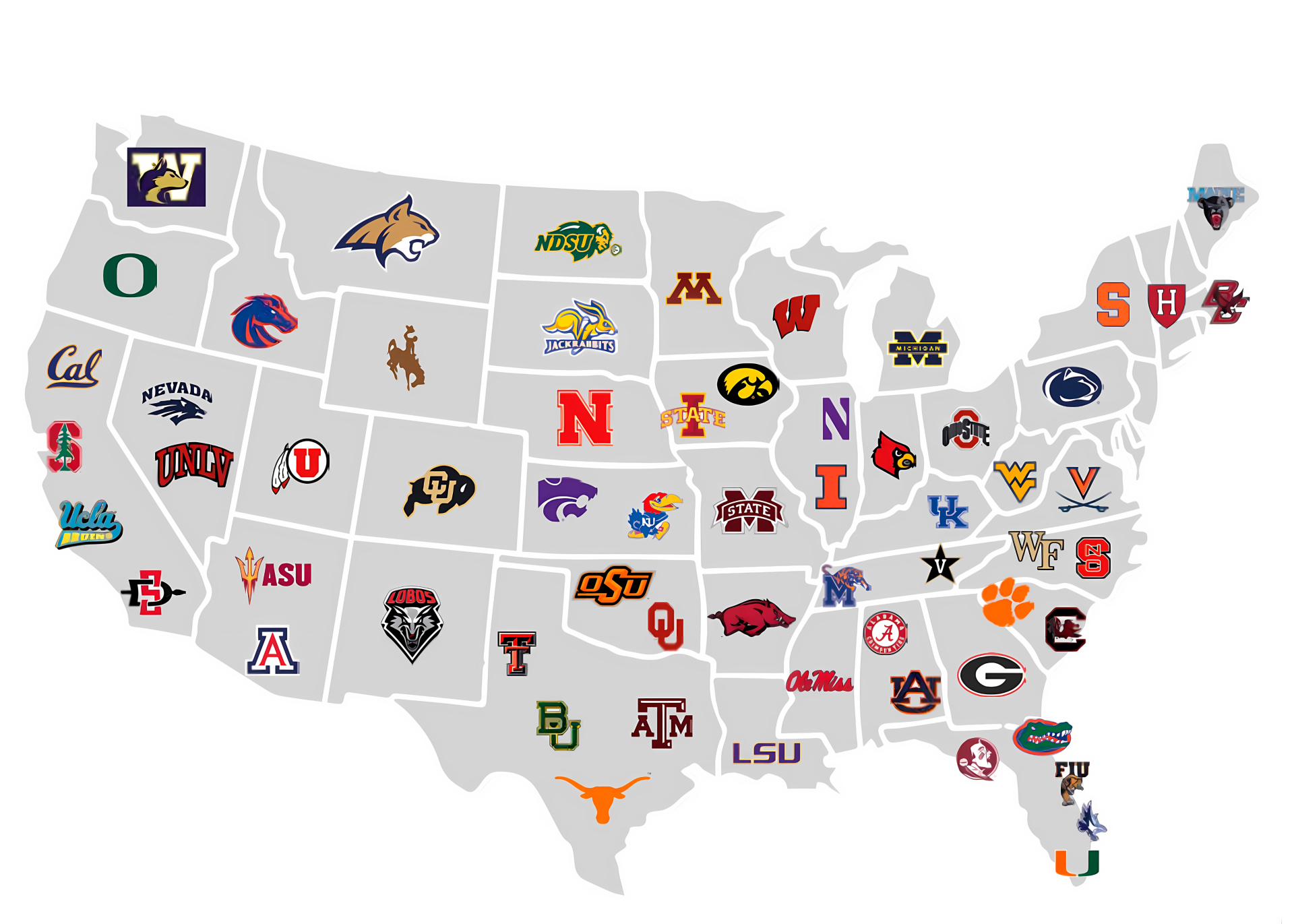 Map of the USA showing college and university sports badges