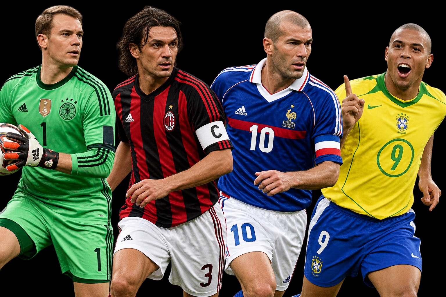 Manuel Neuer, Paolo Maldini, Zinedine Zidane and Ronaldo representing four distinct football positions