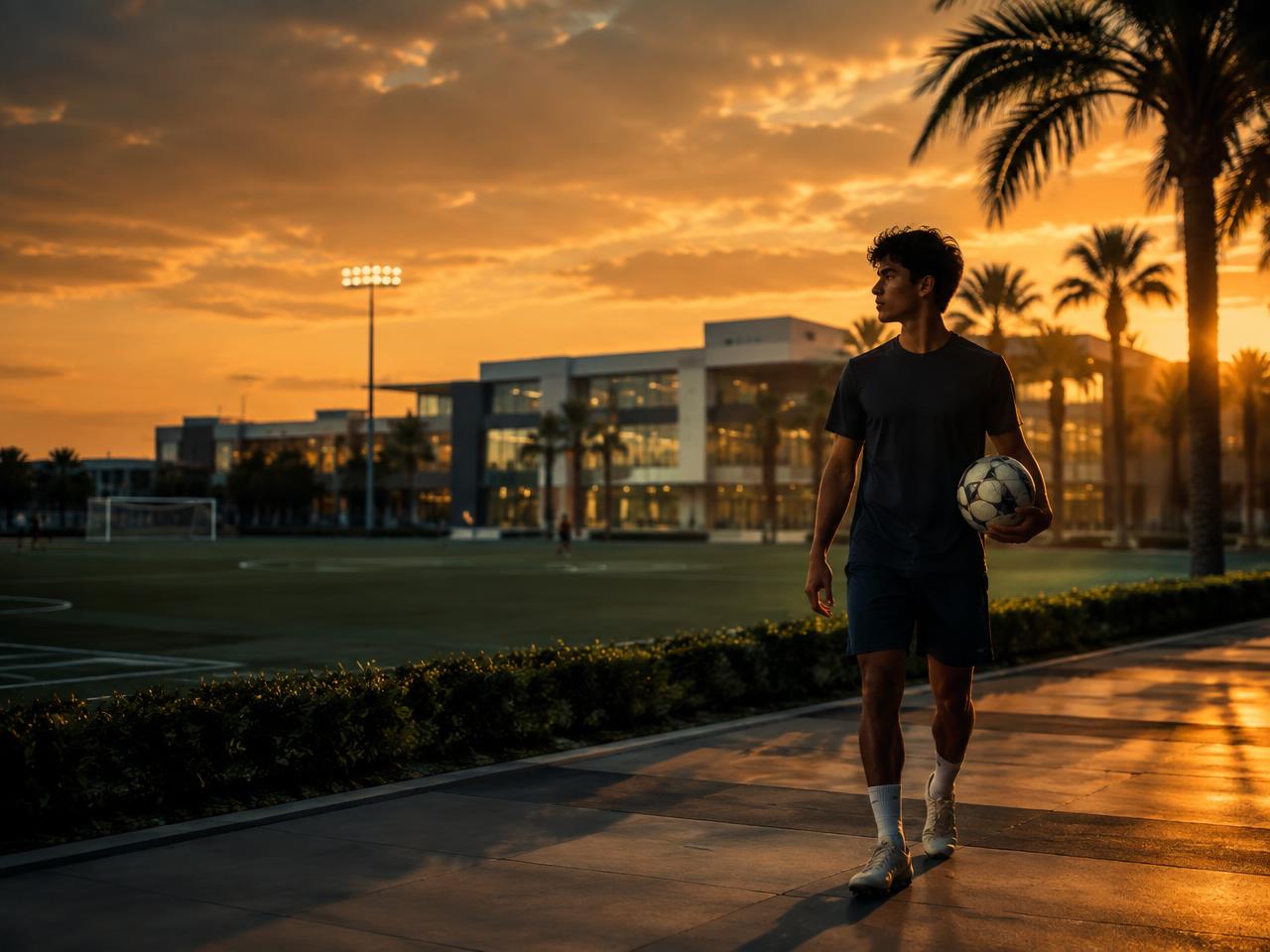Student-athlete with a football at an international school campus